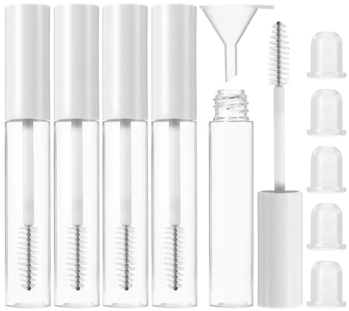 5 Pack 0.34oz (10ml) Empty Mascara Tube and Wand Refillable, Leak-Proof Plastic Empty Lash Serum Bottle with Eyelash Wands and 5 Rubber Inserts 1 Funnel Included for DIY Cosmeticstravel and Daily Use