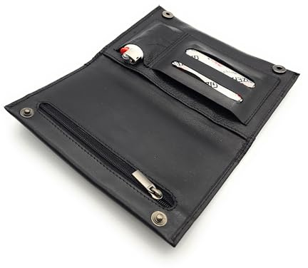 Tabakbeutel Nappaleder „Fresh“ – elegantes Tabaketui mit Naturkautschuk-Fach für losen Tabak, Doppelfach für Blättchen, Mini-Feuerzeugfach, Reißverschlussfach & Druckknöpfen (Nappa Schwarz Fresh)