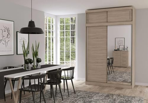 Fabryka Mebli Idźczak Schwebetürenschrank mit Aufsatz Sonoma Eiche mit Spiegel - Vesta 05 Kleiderschrank 150 x 245 cm, platzsparende Schwebetüren mit Kleiderstange & Einlegeböden