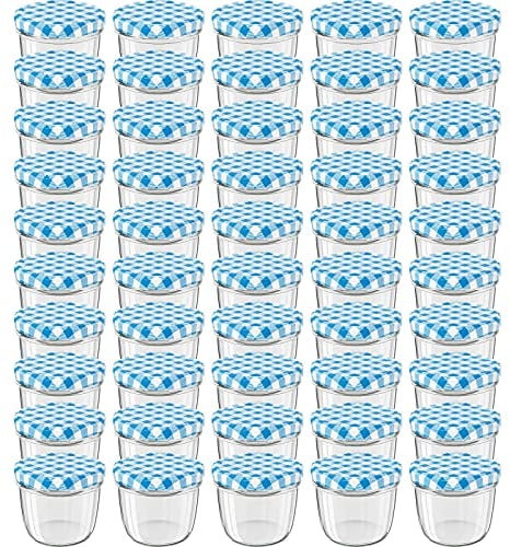 WELLGRO 50x Einmachgläser mit Schraubdeckel - 230 ml, 8,5 x 6,5 cm (ØxH), Glas/Metall, blau karierte Deckel To 82, Gläser Made in Germany, verschiedene Mengen wählbar, Stückzahl:50 Stück