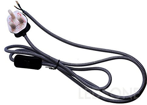 3Pin UK Plug with Switch 3 Core Braided Fabric Cable Vintage Set Black & White