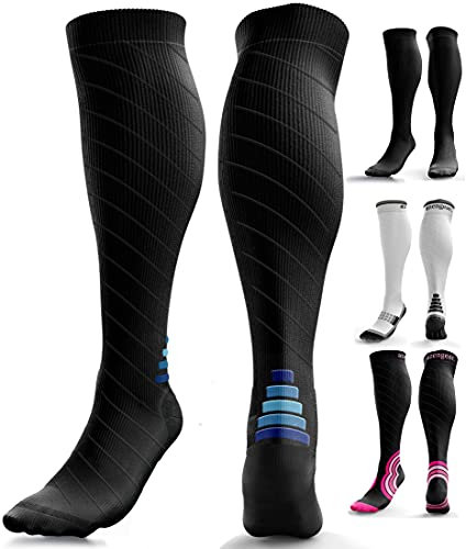 aZengear Compression Socks (20-30mmHg) Anti DVT Air Flying Knee-High Flight Travel Stockings, Swollen Legs, Varicose Veins, Running, Shin Splints Calf Pressure Support, Sports (Black w Navy L/XL)