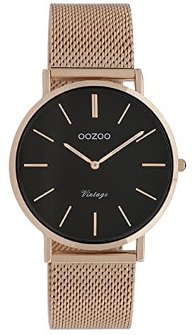 Oozoo Vintage Damenuhr mit massivem grobmaschigem Edelstahl Milanaise Metallband 36 MM Rosefarben/Schwarz C9926