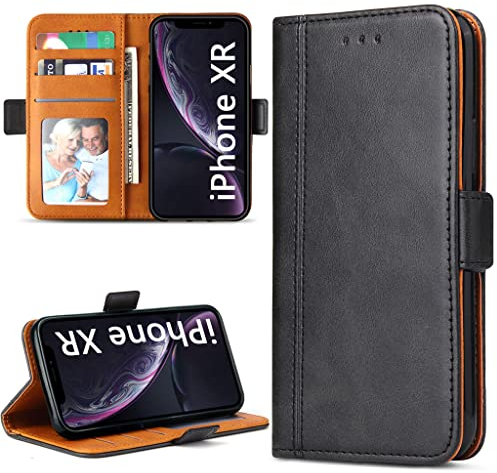 Handyhülle für iPhone XR, Leder Handytasche Kartenfach Klappständer Magnetisch Lederhülle für Apple iPhone XR Hülle, Schwarz