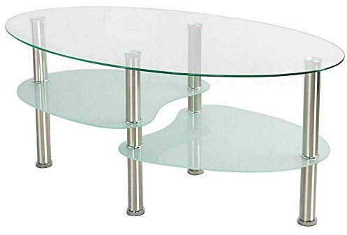 Wefun - Mesa de centro ovalada con tablero de cristal y 3 patas para salón, 90 x 50 x 43 cm, Transparente y blanco., 90 x 50 x 43 cm