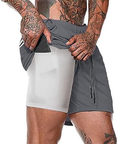 Kfnire Shorts de Course pour Hommes avec Poche Intégrée, Respirant 2-in-1 Short Sport de Compression Short Actifs Jogging Séchage Rapide D'entraînement de Gymnastique Court,Gris Foncé,L