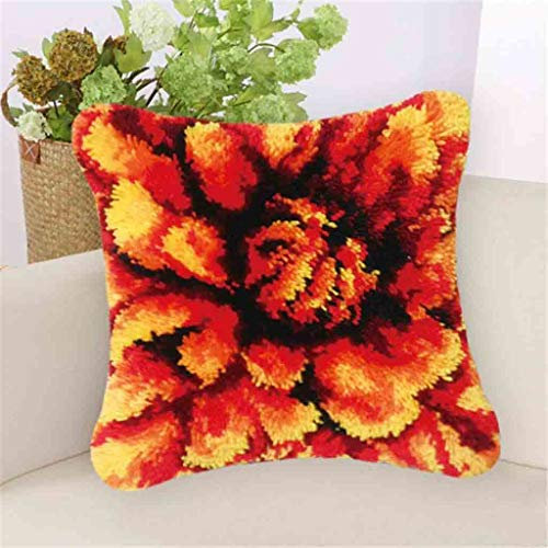 Kissenbezug DIY Knüpfkissen Set 3D Kreuzstich Stickerei Selber Machen Set Latch Hook Kit Für Kinder Und Erwachsene Zum Selber Knüpfen,Flower,42 * 42cm/16.5 * 16.5in