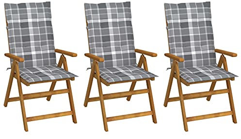 Tidyard 3X Sillas de Jardín Plegables con Cojines Sillón Reclinables Exterior Balcón Terraza Patio Piscina Asiento Butaca Muebles Madera Maciza Acacia Cuadros Grises