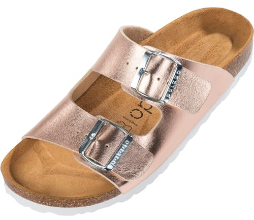 Palado Pantoletten Damen Korfu Metallic - gefertigt in Spanien - edles Metallic-Design - Veloursleder-Decksohle - ergonomisches Weichfußbett - EVA-Sohle Rosegold UK8 - EU41