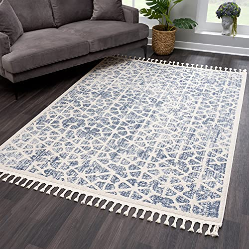 payé Teppich Wohnzimmer mit Fransen - Blau Cream - 140x200cm - Kurzflor Deko Boho Schlafzimmer Flur Dekoration Läufer Kinderzimmer - Skandinavische Teppiche