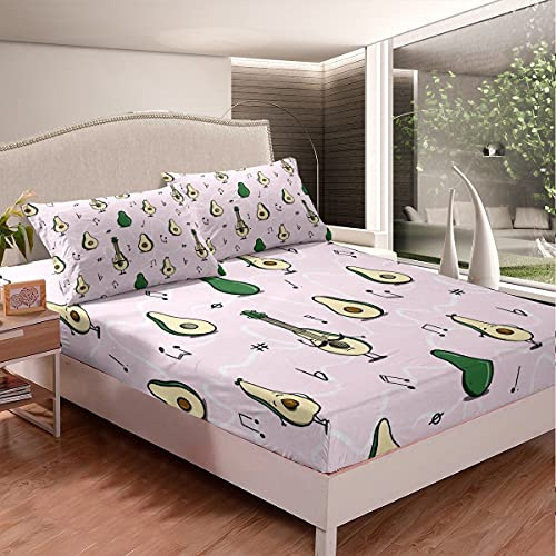 Avocado Spannbetttuch Kinder Niedlich Karikatur Avocado Gitarre Spannbettlaken 160x200cm Mädchen Musik Thema Obst Bettlaken Set für Jugendliche Rosa Zimmer Dekor Leicht mit 1 Kissenbezug