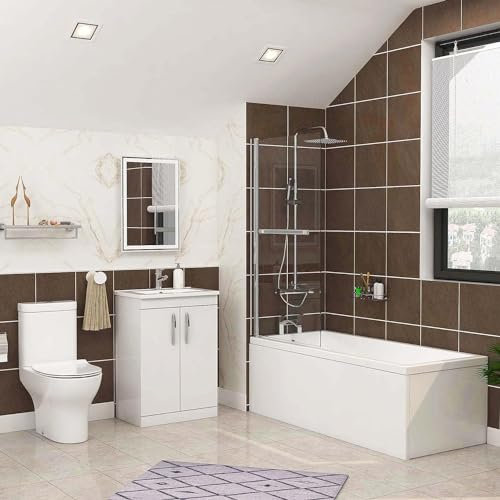 1700 X 700mm Cesar Single Ended Shower Bath with Rail Screen and Front Panel + Breeze Toilet & 600mm Vanity Unit Basin