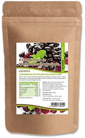 Mynatura Cranberrys, getrocknet, in Vollmilchschokolade I Cranberry I mit Schokolade umhüllt I Müsli I Snack I Cranberries I Süß I Beutel (1x 1000g)