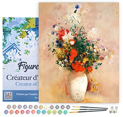 Figured'Art Peinture par Numéro Adulte avec Cadre Vase de Fleurs - Odilon Redon - Activité Manuelle Kit de Loisir Créatif DIY Numéro d'Art Complet - 40x50cm toile tendue sur châssis