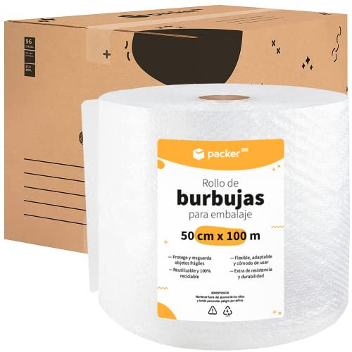 packer PRO Pack 10 Cajas Carton para Mudanzas y Almacenaje Ultra Resistentes con Asas de 60x40x40cm y Rollo Burbuja Embalaje de 50cm Ancho y 100m