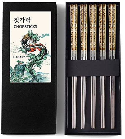 Hagary Dragon Chopsticks Metal Reusable Designed In Korea Japanese Style Stainless Steel 316 18/10 Non-Slip 2 Pairs Dishwasher Safe Laser Etched (Gold - 5 Pairs)