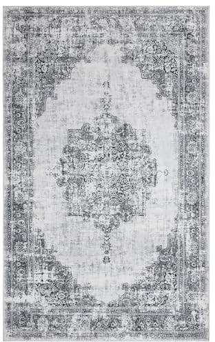 Vintage Teppich - Weich - Maschinenwaschbar - rutschfest - Premium Polyester Fasern - Silber - 160cm x 230cm
