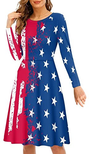 Woisttop Damen Herbst Langarm Kleider Casual Lose Party A-Linie Rundhals Midi Kleid Größe S-4XL, Blue Star USA-Flagge, XX-Large