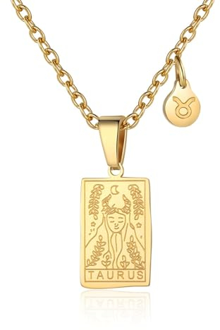 RIXERKOC Sternzeichen-Halskette für Frauen Konstellation Tarot-Karten-Anhänger Doppelseitig 18K Gold Edelstahl Sternzeichen-Schmuck Geschenke für Mädchen (Taurus)