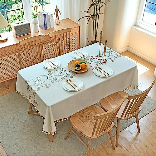 IBEQUEM Baumwoll-Leinen-Tischdecke, schmutzabweisende rechteckige Beige Tischdecke mit Quaste, dekorative gestickte Blätter gerundet Tischdecke für Küche, Picknick, Restaurant (140x200cm)