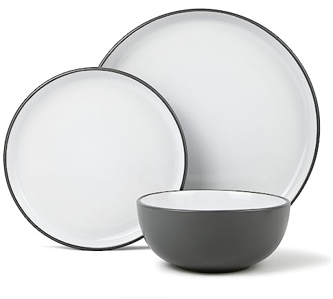 Lewis's 12 Piece Stoneware Dinner Set - 2 Tone/Stonewear Dinner Sets / 4X Dinner Plates, 4X Side Plates, 4X Cereal Bowls/Microwave/Dishwasher Safe (Grey)