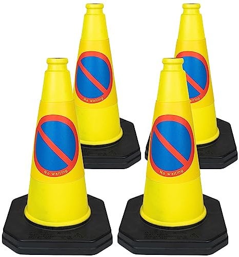 4 x 460mm 1-Piece High No Waiting Traffic Cones in Yellow - Strong and Durable Outdoor Cones with Very Low Centre of Gravity - U.K Made Safety Cones