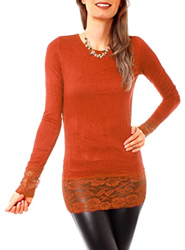 Easy Young Fashion Langarm Longshirt mit Spitzensaum 0998 - Orange M/L