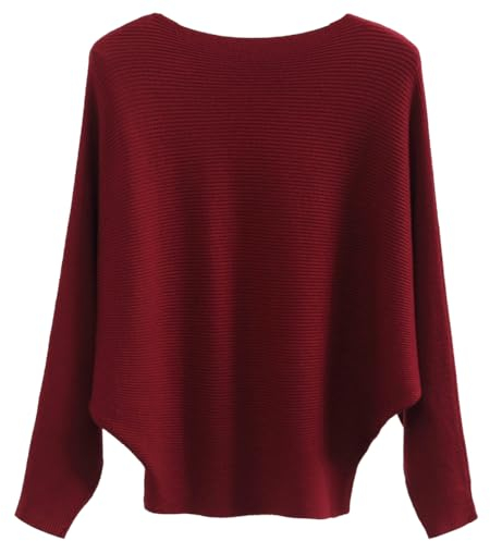 GXIN Batwing Sleeve Jumpers for Women Boat Neck Off Shoulder Dolman Knitted Sweaters Ladies Pullovers Tops (UK, Alpha, One Size, Regular, Regular, Standard, Wine Red)