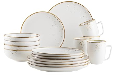 MÄSER Serie Pintar, hochwertiges Speise Geschirr-Set für 4 Personen, 16-teiliges Kombiservice mit heller Glasur, visuellen braunen Sprenkeln und feinem Rand im Vintage Handmade Look, Porzellan