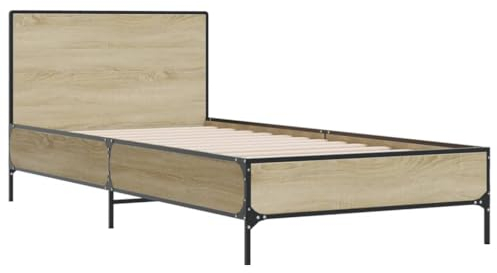 vidaXL Bettgestell, Bett für Schlafzimmer, Bettrahmen mit Lattenrost, Einzelbett Schlafzimmerbett Metallbeine, Sonoma-Eiche 90x190cm Holzwerkstoff Metall