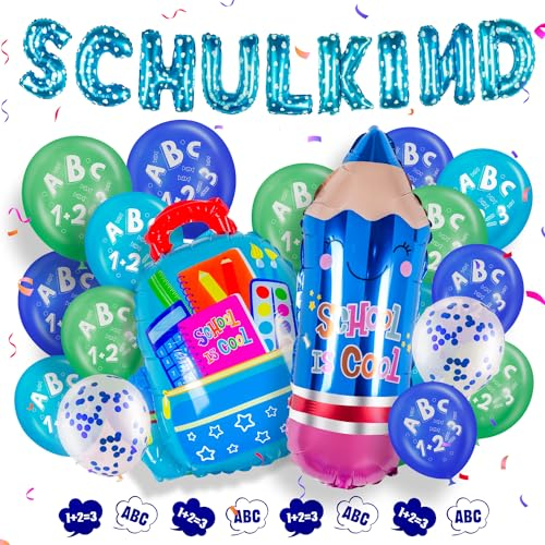 einschulung schulanfang deko Junge blue Grün SCHULKIND ballon+Schuleinführung Luftballon mit ABC 123+Pencil Schultüte Folienballons