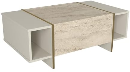 moebel17 Couchtisch, Moderner Sofatisch in Granitoptik, Tisch fürs Wohnzimmer aus Holz, Beige mit Granit Optik, Ablagefächer, Stauraum mit Tür, Designertisch, 103,8x37,3x60 cm 2567