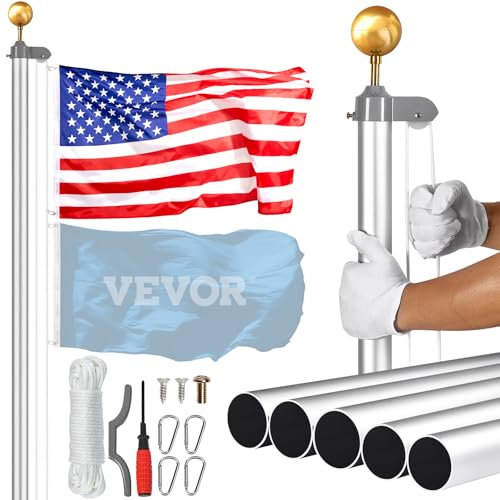 VEVOR 25ft Abnehmbarer Fahnenmast-Satz, Robuster Fahnenmast-Satz aus Aluminiumlegierung im Boden für den Außenbereich, Fahnenmast mit 3 Anzeigemodi und professionellem Zubehör, Silber