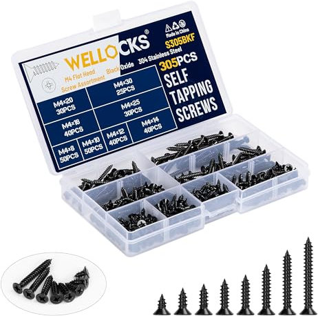 WELLOCKS Assorted Self Tapping Screws | 305 PCS M4 Black Oxide Stainless Steel Screws Assortment Kit | Phillips Flat Head Countersunk Wood Screw Set with Storage Box | for Homemade Repairment(S305BKF)