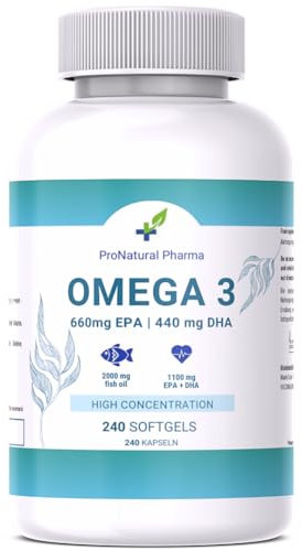 Omega 3 2000 mg | 240 capsule | Alta concentrazione di 660 mg di EPA e 440 mg di DHA. Olio di pesce per il colesterolo, il cuore, la salute del cervello e la pressione sanguigna | 4 mesi | ProNatural