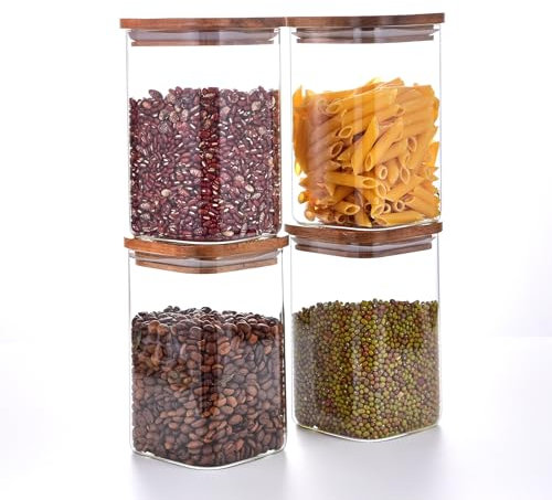 Runmoglon 1.1L 4er Set Vorratsgläser mit Deckel Eckig, Vorratsdosen aus Glas zur Aufbewahrung von Küchenzutaten, für Müsli, Cornflakes, Spaghetti und Kaffeebohnen