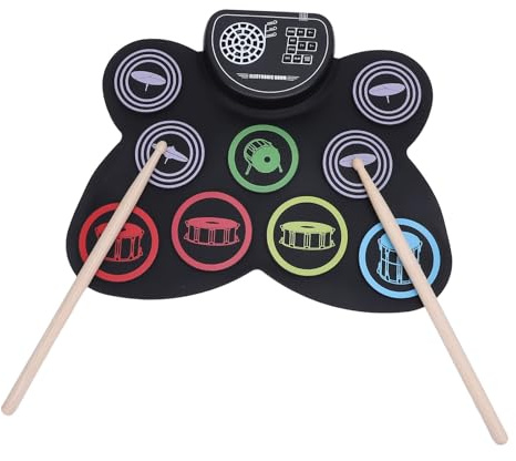 Elektronisches Schlagzeug, Tragbares elektrisches Übungsschlagzeug mit 9 Fächern, Wiederaufladbar Aufrollbares Übungs-Drum-Pad-Set mit Pedalen, 2 Drumsticks und zwei Lautsprechern