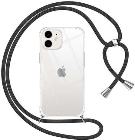 Phoona Crossbody Lanyard Case for iPhone 12 / iPhone 12 Pro 6,1 with Strap, Necklace Mobile Phone Cover with Adjustable Neck Strap, Clear Transparent TPU Soft Phone Cover with Neck Cord-Black