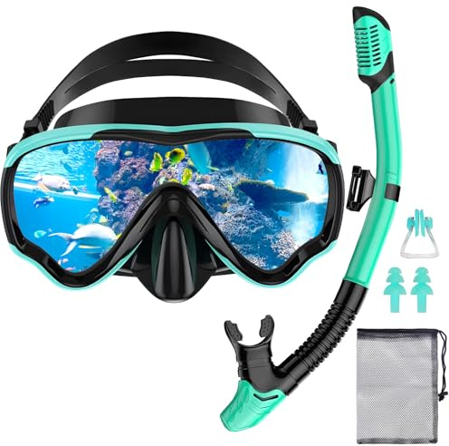 POWZOO Maschera Snorkeling,Occhialini da Sub panoramici a 180°,Anti-Nebbia Maschera Subacquea Adulti con Boccaglio,per Snorkeling Nuoto e Immersioni（verde）