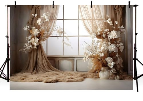 AIBIIN 7x5ft Brown Curtain Photograph Backdrop Boho Floral Vintage Room Window Curtain Flowers Background Kids Birthday Adult Pregnant Portrait Decor Prop Photo Studio