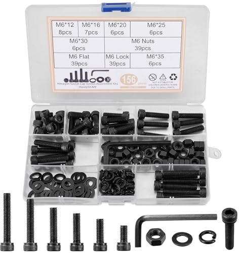 HonQiShiMY 156 pièces Vis à tête creuse M6 noires, M6 en Acier allié,vis à boulons câble à tête, jeu d'acier allié avec écrou, Boulons Vis avec écrous Tete Cylindrique Assortiment