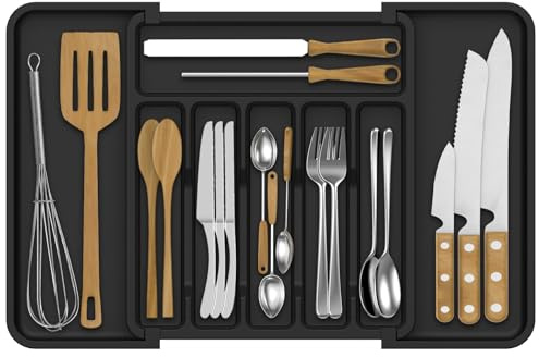 GLOSKIN Porta Posate Cucina Cassetto, Organizer Cassetti Cucina con 8 Scomparti Extra-Larghi, Portaposate da Cassetto di Silicone da 37 * 32 cm, per l'Organizzazione Del Cassetto, Nero