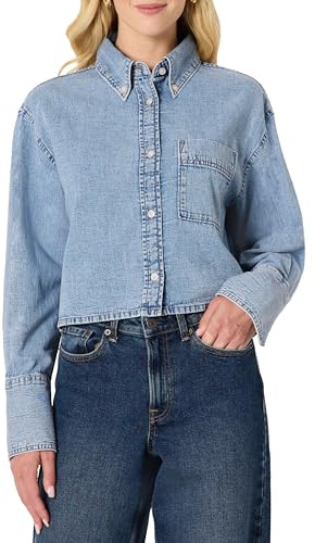 Amazon Essentials Women's Modern Oversized-Fit Cropped Denim Button-Down Shirt, Lightweight Chambray, Point Collar, Icy Light Blue, X-Large