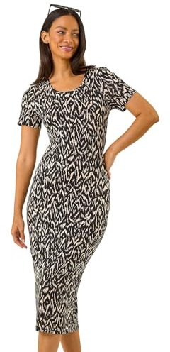 Dusk Fashion Leaf Print Midi Stretch Dress for Women UK - Ladies Everyday Holiday Spring Summer Round Neckline Comfy Soft Evening Vacation Work Party - Noir Abstract - Size 16