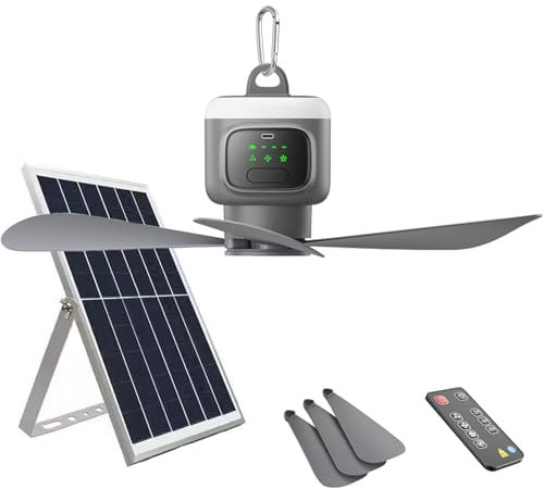 TRUYOK Ventilador de Techo con Luz Solar Portátil Ventilador con Gancho Fácil Regulable Luces de Plafon con Panel Solar y Mando a Distáncia para Patios, Cenadores, Parasol, Camping y Jardín