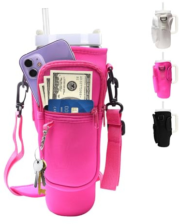 Water Bottle Carrier Bag for Stanley 30oz Tumbler with Phone Pocket, Water Bottle Holder with Strap Cross-Body Cup Bag Neoprene Tumbler Pouch with Handle, Stanley Cup Accessories, Hot Pink