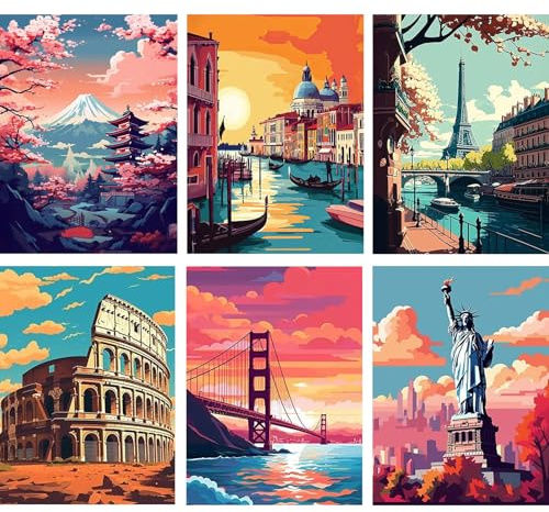 Jawecci 6 Pack Landschafts Diamond Painting Erwachsene, 5D Diamant Painting Reisen Bilder Erwachsene Anfänger, DIY Diamant Kunst für Home Dekor 30x40cm