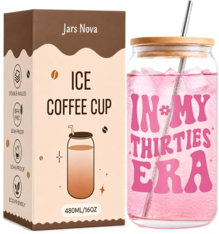 Jars Nova 30th Birthday Gifts for Women |16OZ Glass Cups with Lids and Straws 30th Birthday Gifts for Her Best Friend Sister Daughter Co-Worker Aunt Wife Gift