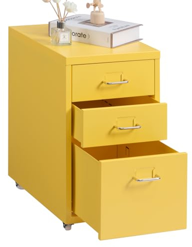 HollyHOME Mobiler Aktenschrank mit 3 Schubladen Rollbarer Aktenordner | unter dem Schreibtisch Aufbewahrungsschrank aus Metall mit Rollen für Zuhause und Büro,Hellgelb