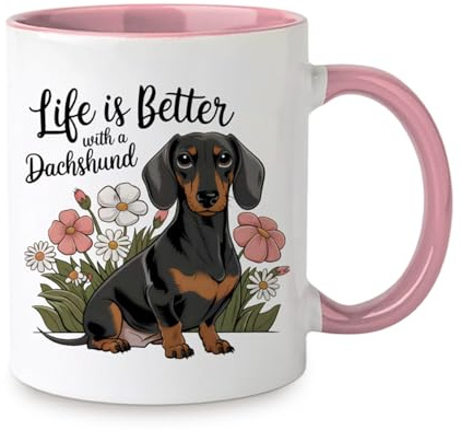 Qubitly Pink & White Dachshund Ceramic Mug, Cute Sausage Dog Cup for Home & Office, High-Temperature Coffe Mug with Comfortable Grip, Dachshund Gifts for Women & Animal Lovers